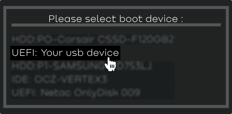 BIOSのブートデバイス選択メニュー — UEFI USBデバイスを選択