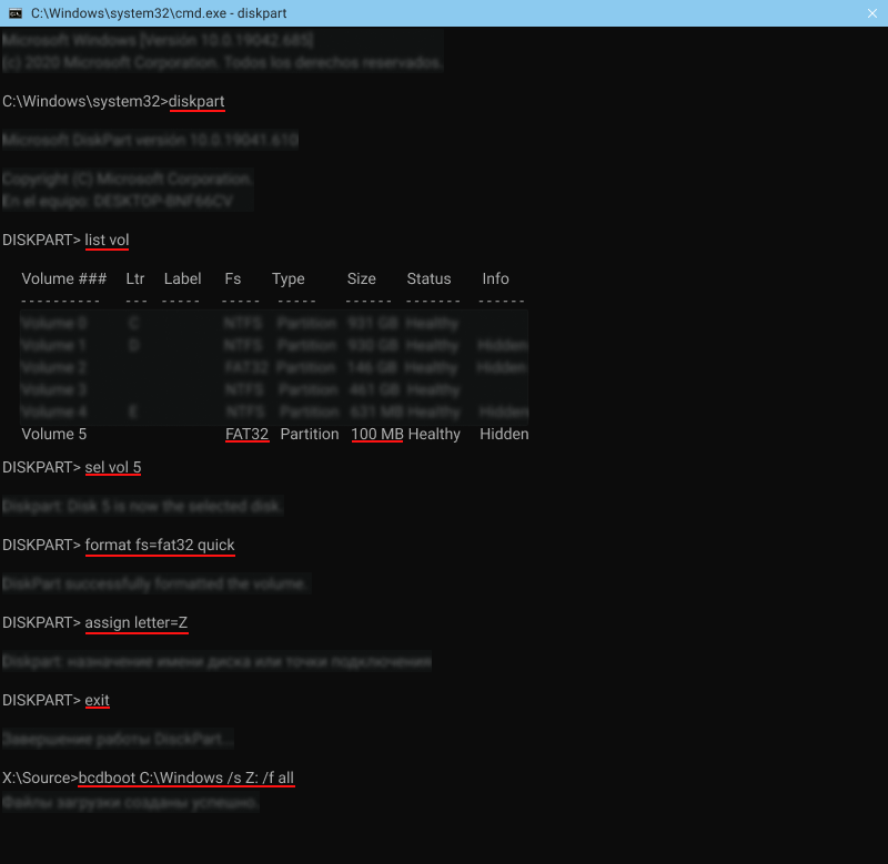 DiskPartとbcdbootコマンドを実行したコマンドプロンプト — Windowsブートローダー修復