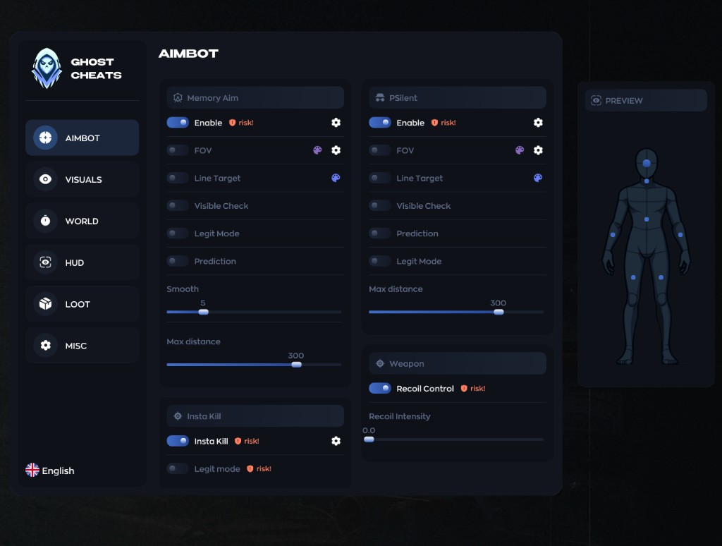 Working private cheat Ghost for the game Arena Breakout: Infinite — menu