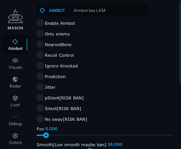 ซื้อโปรแกรมโกง Mason แบบ private internal สำหรับ Apex Legends — เมนู