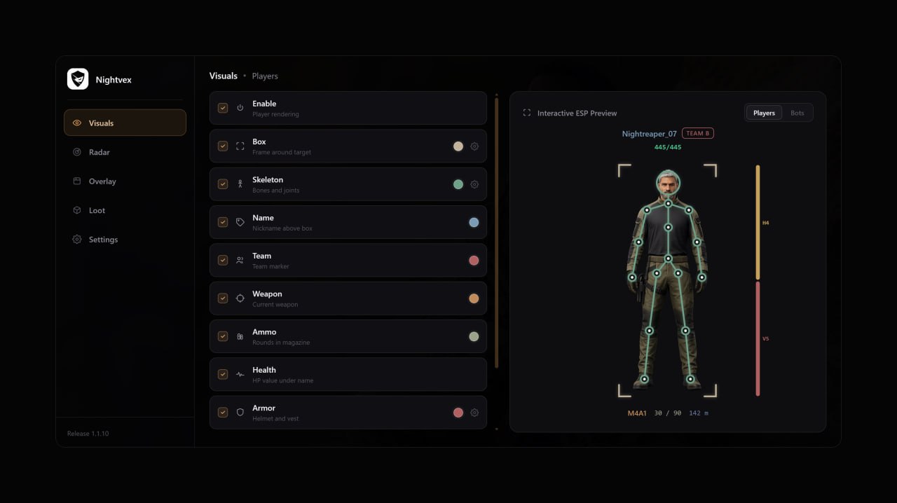 Nightvex — privater ESP-Cheat mit Radar für Arena Breakout: Infinite — Menü