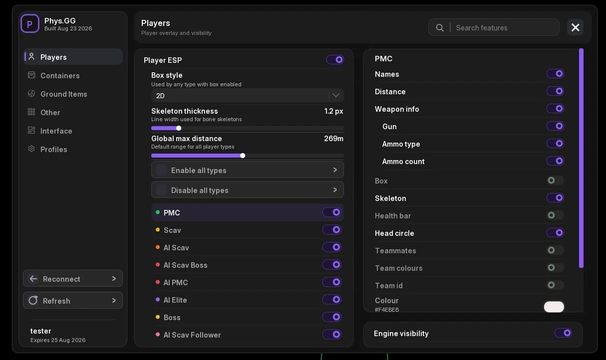 Phys DMA للعبة Arena Breakout: Infinite — Player ESP وLoot ESP