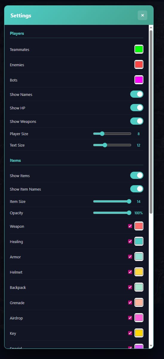 Memez PUBG kaufen — Web-Radar für PUBG auf separatem Gerät — Menü